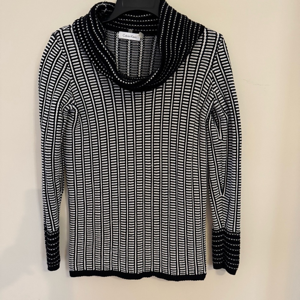 Calvin Klein Black & White Cowl Neck Cotton Knit Sweater Women's XS